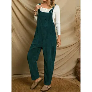 Solid corduroy overall jumpsuit, casual patched pocket overall jumpsuit for spring and fall, women’s clothing