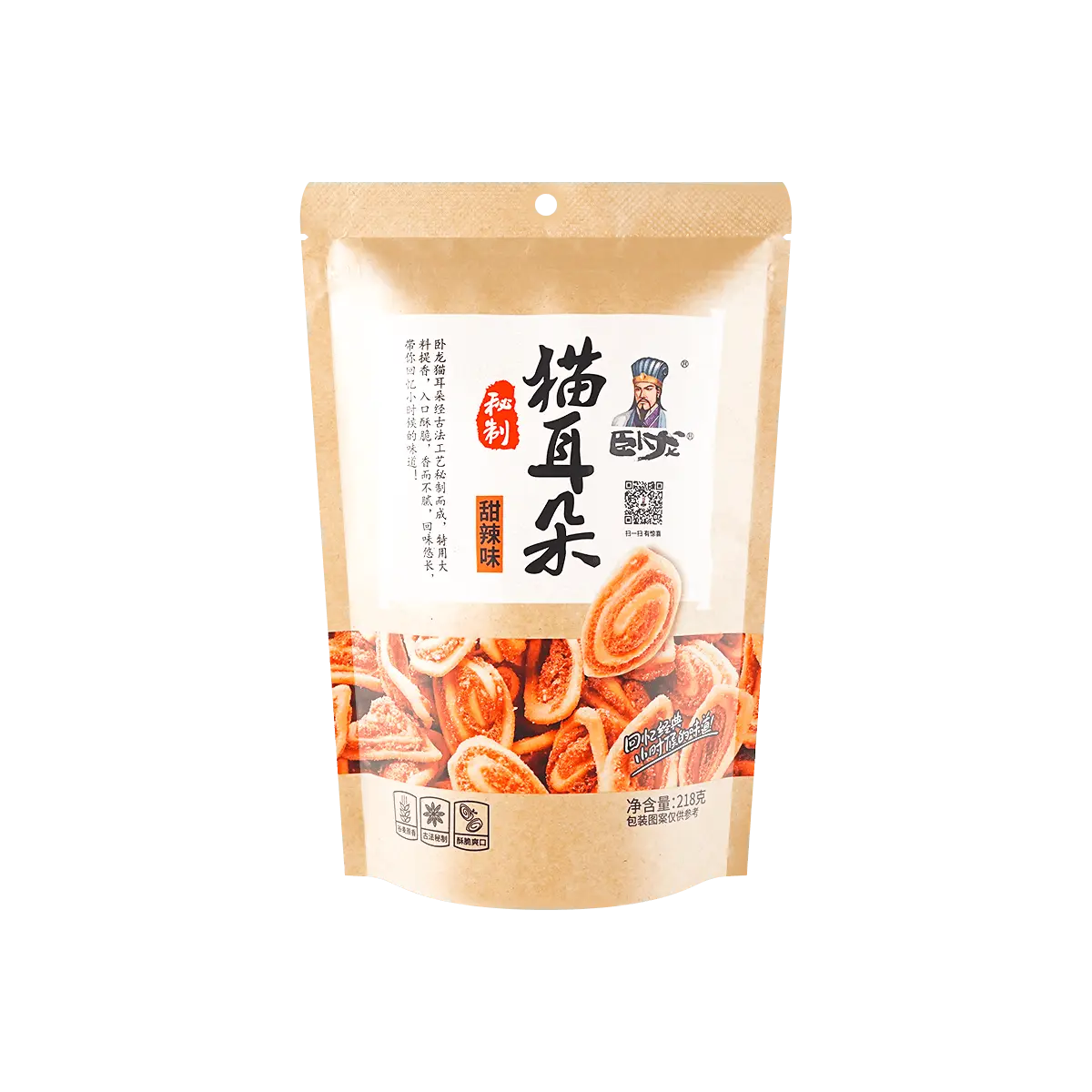 WOLONG Cat Ear Snacks - Sweet & Spicy Flavor, 218g - Nostalgic Childhood Treat, Xiangyang Specialty