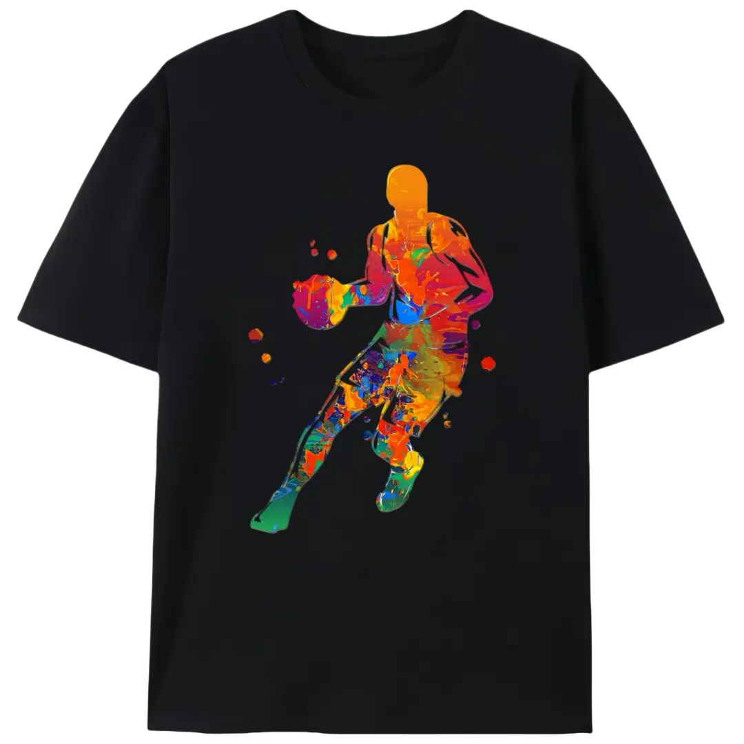 Men's Basketball Graphic T-Shirt, 100% Cotton Knit with Rainbow Splatter Print, Casual Short Sleeve Streetwear for Hoops Fans, Tshirt, Shortsleeve