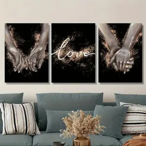 3 Pieces Set Optional Wooden Frame Holding Hands Canvas Painting Print Black White Charcoal Sketch Painting Couple Love Quote Wall Poster Bedroom Living Room Wall Decor Valentine's Day Decor Aesthetic Room Decor Room Decor Accessories