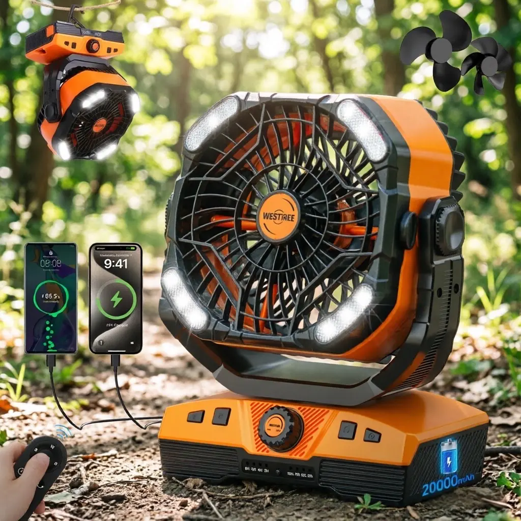 WESTTREE  2026 Upgraded Camping Fan, 20000mAh Rechargeable Fan with LED Lights & 270° Pivot, Remote Control Shaking Head Desk Fan for Tent Travel Home Multifunction Outdoor Activities