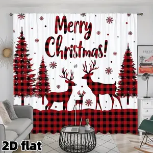 2D Flat 2Pcs Buffalo Plaid Christmas Curtains Deer Pine Tree Pattern Rod Pocket Style Printed Polyester Fabric Semi Sunshade Holiday Home Living Room Window Treatment Decor Festive Winter Gift Anti Privacy Home Decoration Curtain