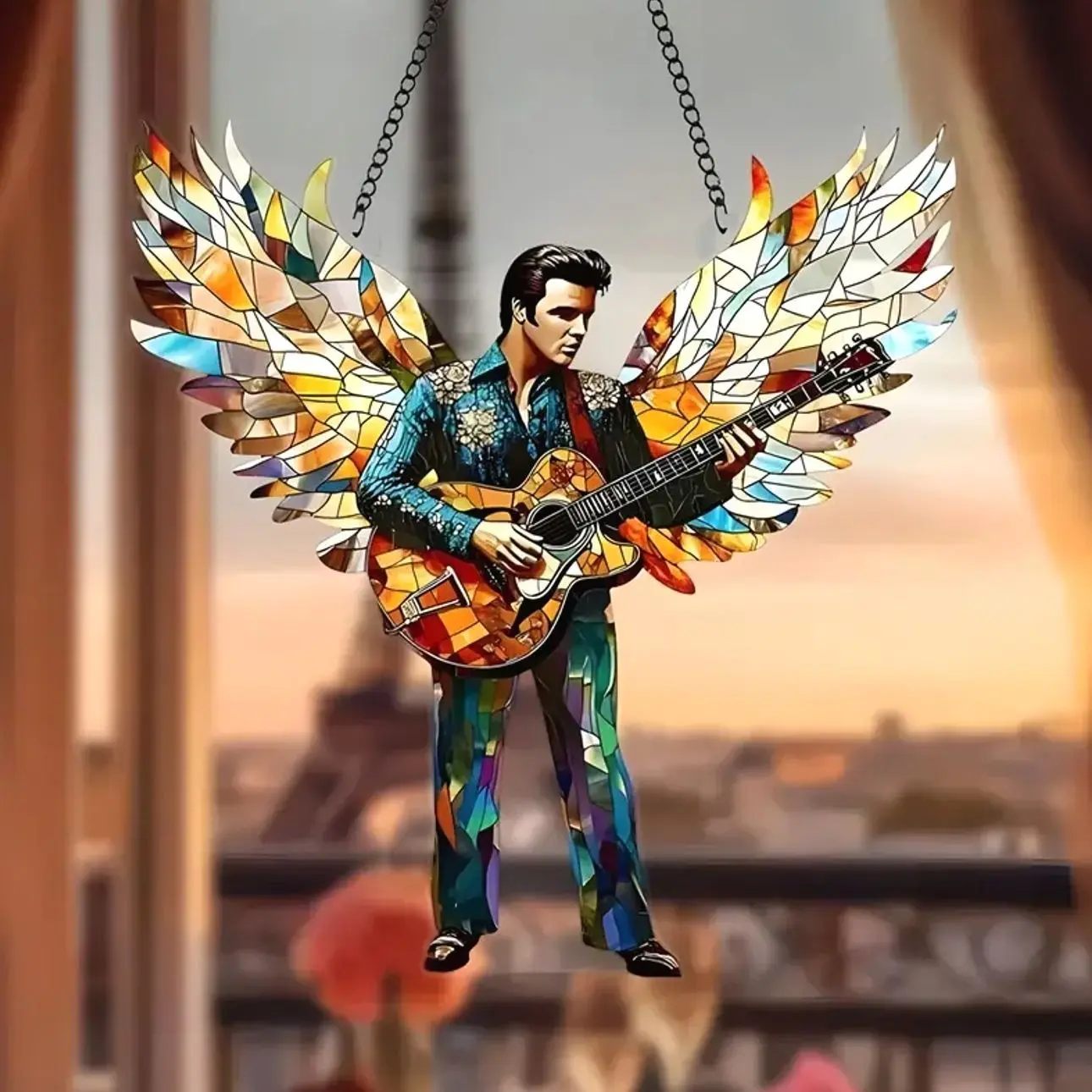 Elvis Presley Playing Guitar Acrylic Suncatcher Ornament - Faux Stained Glass Style Hangable Minimalist Home Decor, Rock 'n' Roll Music Lover Room Decor Gift