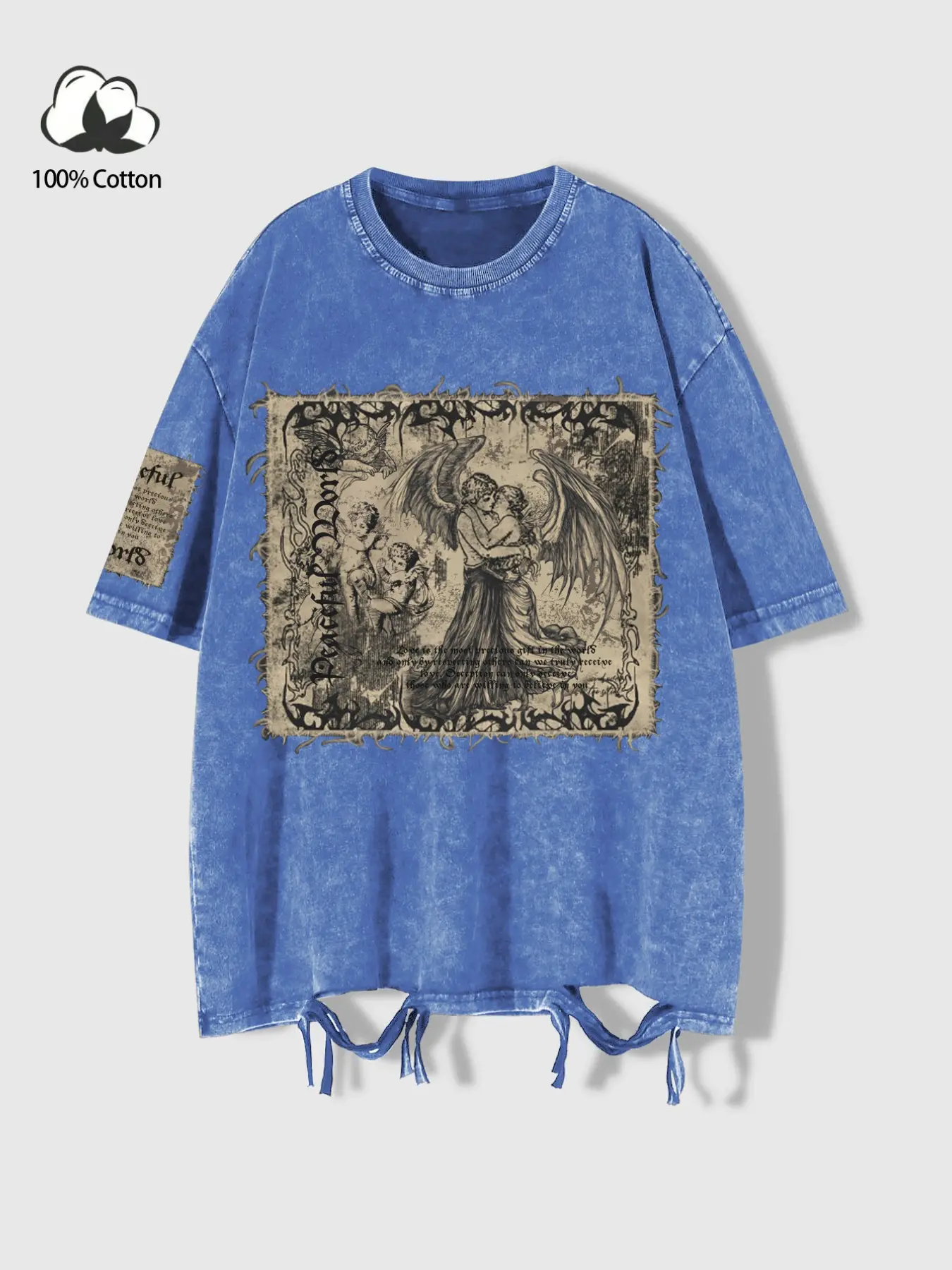 Men's Vintage Acid Wash Streetwear Casual T-shirt - 100% Cotton Oversized Drop Shoulder Graphic Tee with Distressed Tattered Hem & Angel Print - Grunge Aesthetic Summer Top for Daily Street Look and Music Festivals