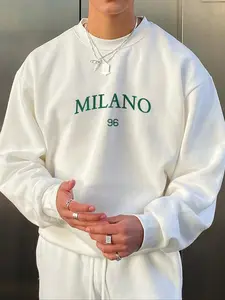 Men's White Long Sleeve "MILANO 96" Graphic Crewneck Fitted Sweatshirt Urban Streetwear Casual Pullover | #tiktokshopblackfriday #giftideas City-Themed Print Oversized Top for Daily Wear & Italian-Inspired Fashion Gifts
