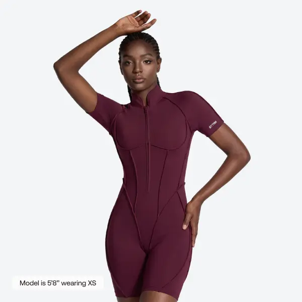 BetterMe Women's Burgundy Sleek Shorts Overalls - Short-Leg 1-Piece Bodysuit Unitard Romper, Basic Shortsleeve Sporty Chic Sportswear, Comfy Breathable Casual Gym Fabric for Pilates, Everyday Wear, Activewear, Fit, Athletic