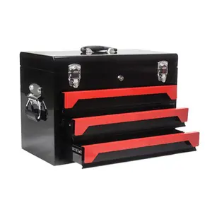 20" Portable Steel Metal Tool Box with 3 Drawers and 1 Top Storage Tool Boxes Organizer for Garage, Office and Home Storage, Red/Black