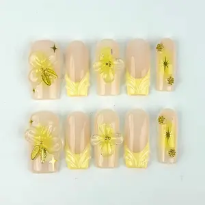 Bright Yellow Press on Nails Summer Nails French Nails Sun Beach Nails 3D Carving Nails Square Nails Vacation Nails Party Nails