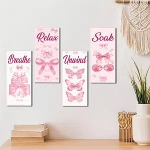 Bow Rectangle Wooden Plaque 4-Piece Set, Country Style Home Decor for Living Room Kitchen Bathroom, Versatile Holiday Decoration Gift