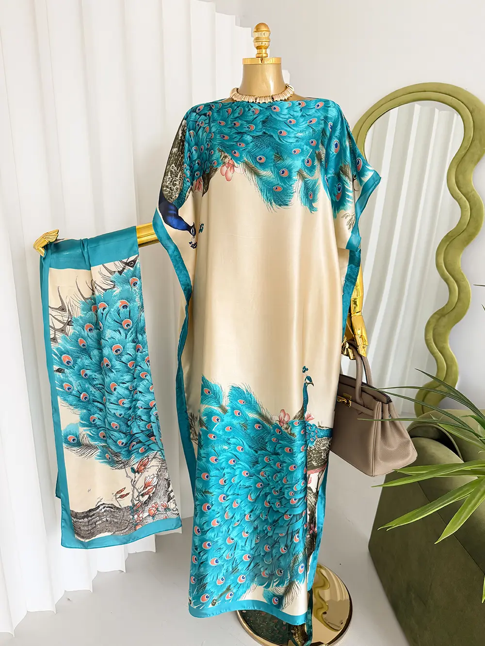 Minimalist Resort Vibe Breathable White Botanical Maxi Dress Elegant Floral Loose-Fit Kaftan & Turban Set