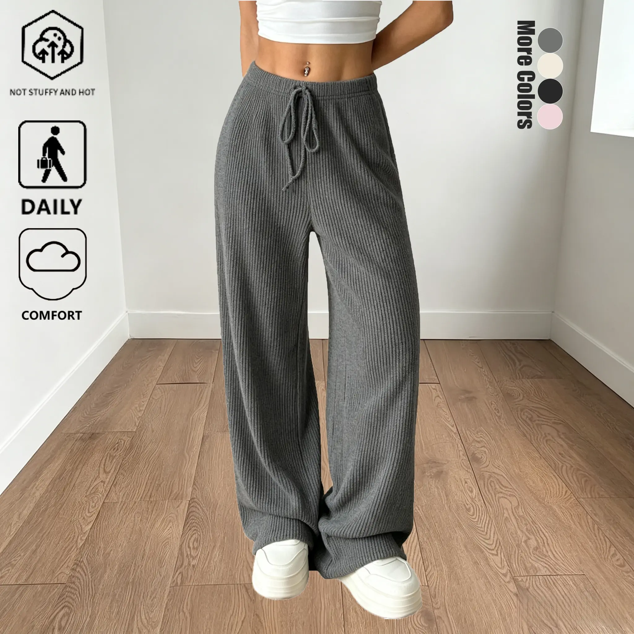 Women’s solid-color ribbed knit wide-leg floor-length pants with vertical ribbing, elastic drawstring waist, straight cut; skin-friendly and breathable, prevents overheating and sweat buildup; simple design, suitable for commuting, everyday wear, home, an