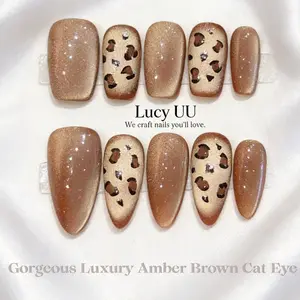 【Lucy UU】Gorgeous Luxury Amber Brown Cat Eye Leopard Print Press-On Nails Medium Almond Shape Handmade Reusable Glossy Baddie Nail For Women