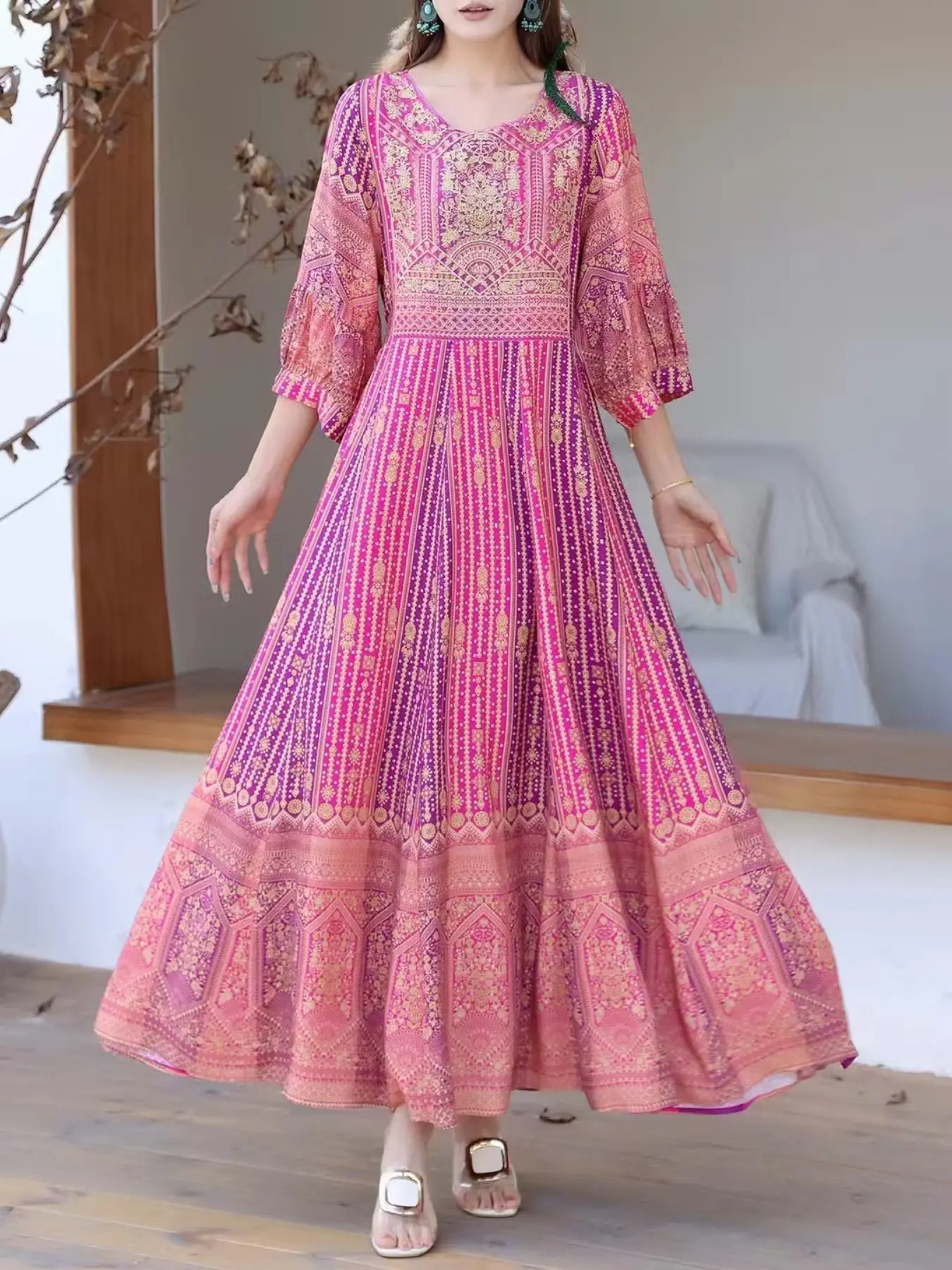 Bohemian Loose Fit Print Dress, Ethnic Embroidered Maxi Skirt, Long Sleeve All Season Fashion Style, Casual Vacation Beachwear, Boho Sundresses, Boho, Casual Beach Sundress, Womenswear
