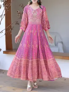 Bohemian Loose Fit Dress, Ethnic Embroidered Maxi Skirt, Long Sleeve All Season Fashion Style, Casual Vacation Beachwear, Boho, Womenswear