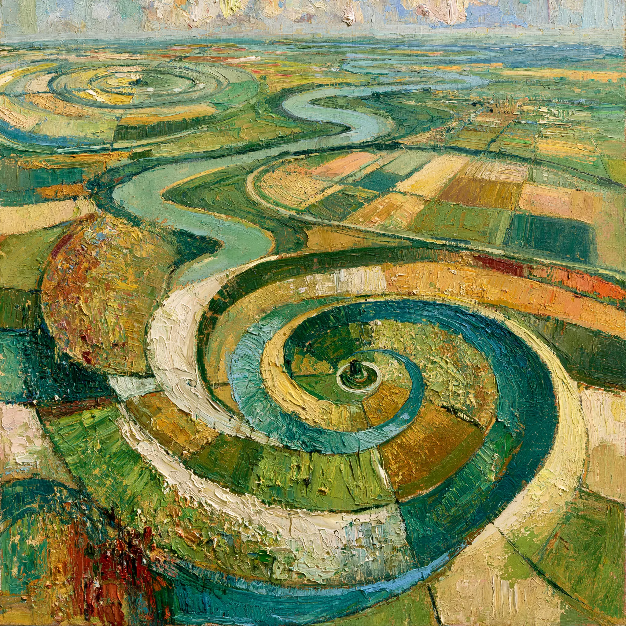 Green Gold Gerardo Dottori Style Oil Painting Canvas Print - Terrestrial Turbine