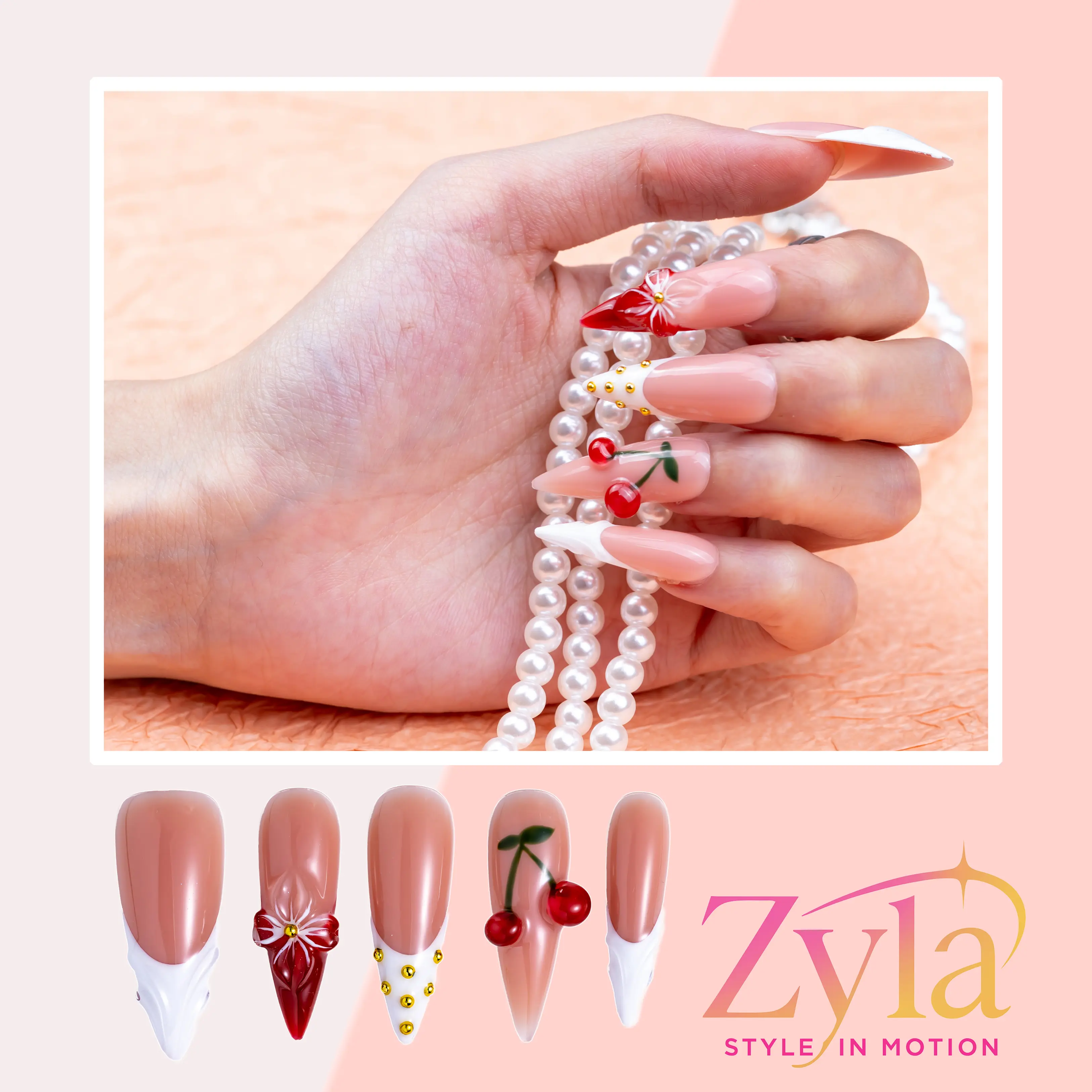 10 Pcs Handmade Reusable Press On Nails in Nude Stiletto, Soft Glam Nail Kit with Cherry & Daisy Accent for Effortless Daily Elegance, Handmade Reusable Nails