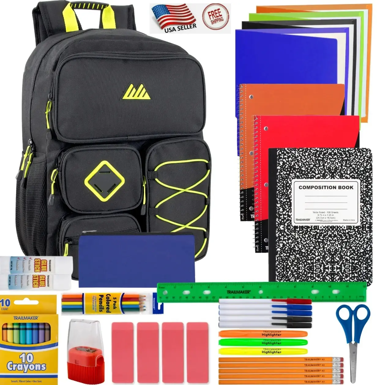 Backpack 45-Piece School Supply Kit with 18-Inch Bag, Composition Books, Crayons, Ruler, Highlighters, and Scissors for Students