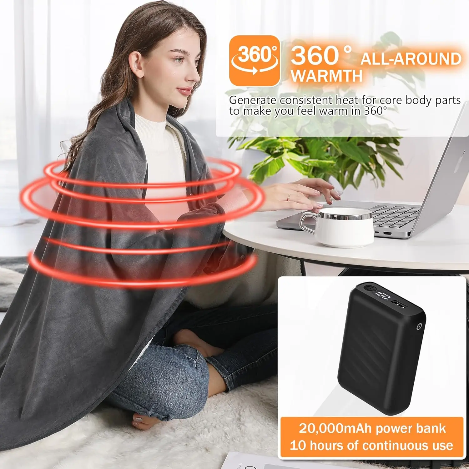 Heated Blanket, Battery Operated Cordless Portable Electric Heated Shawl with Rechargeable 20000mAh Power Bank, 59" x 35.5" Heated Throw Blanket with 3 ​ ​   Fast-Heating Levels