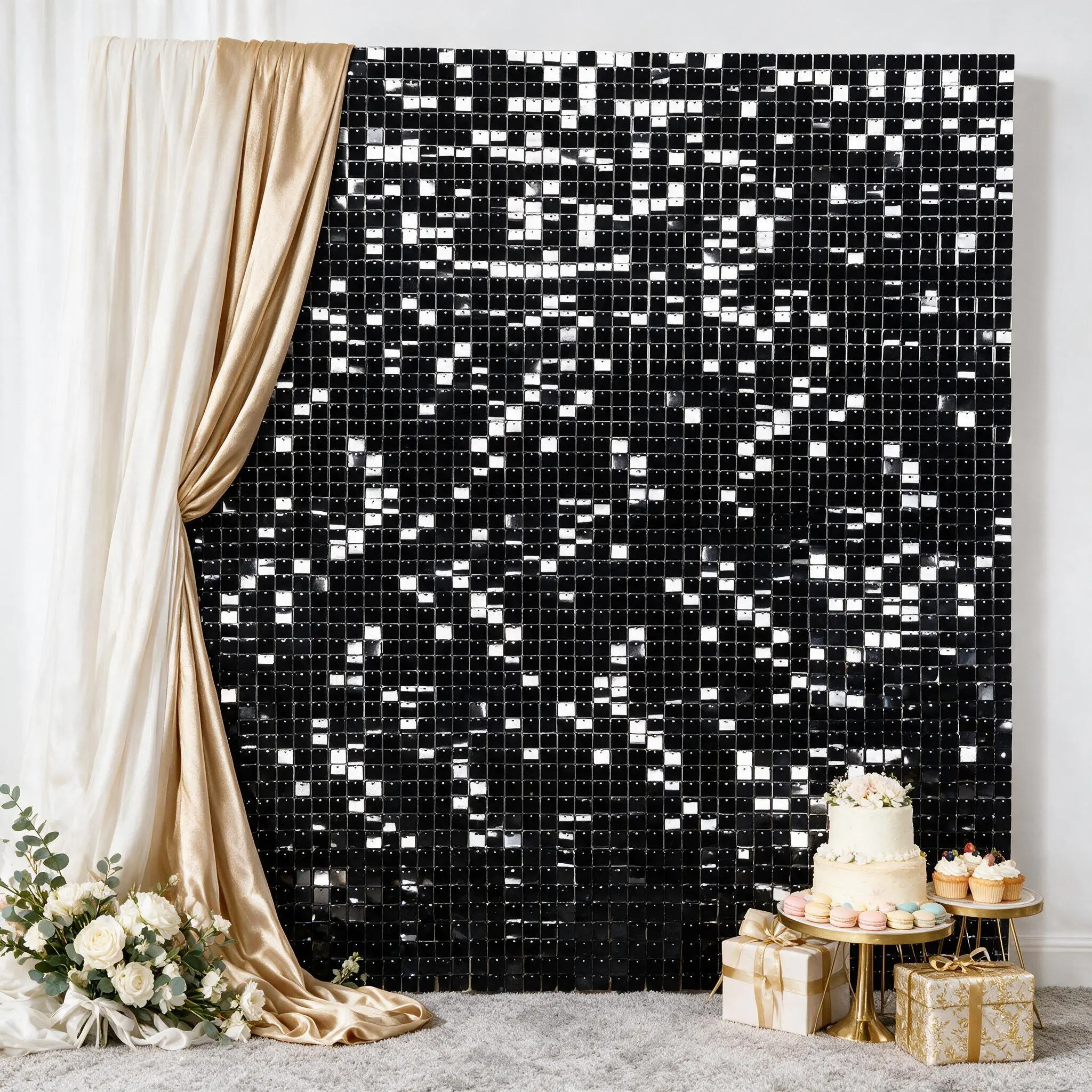 36 Pcs 12x12 Inch Black Shimmer Wall Backdrop Panels, DIY Sequin Background (6x6 ft Coverage), for Wedding, Birthday Party Home & Festive Decor Supplies