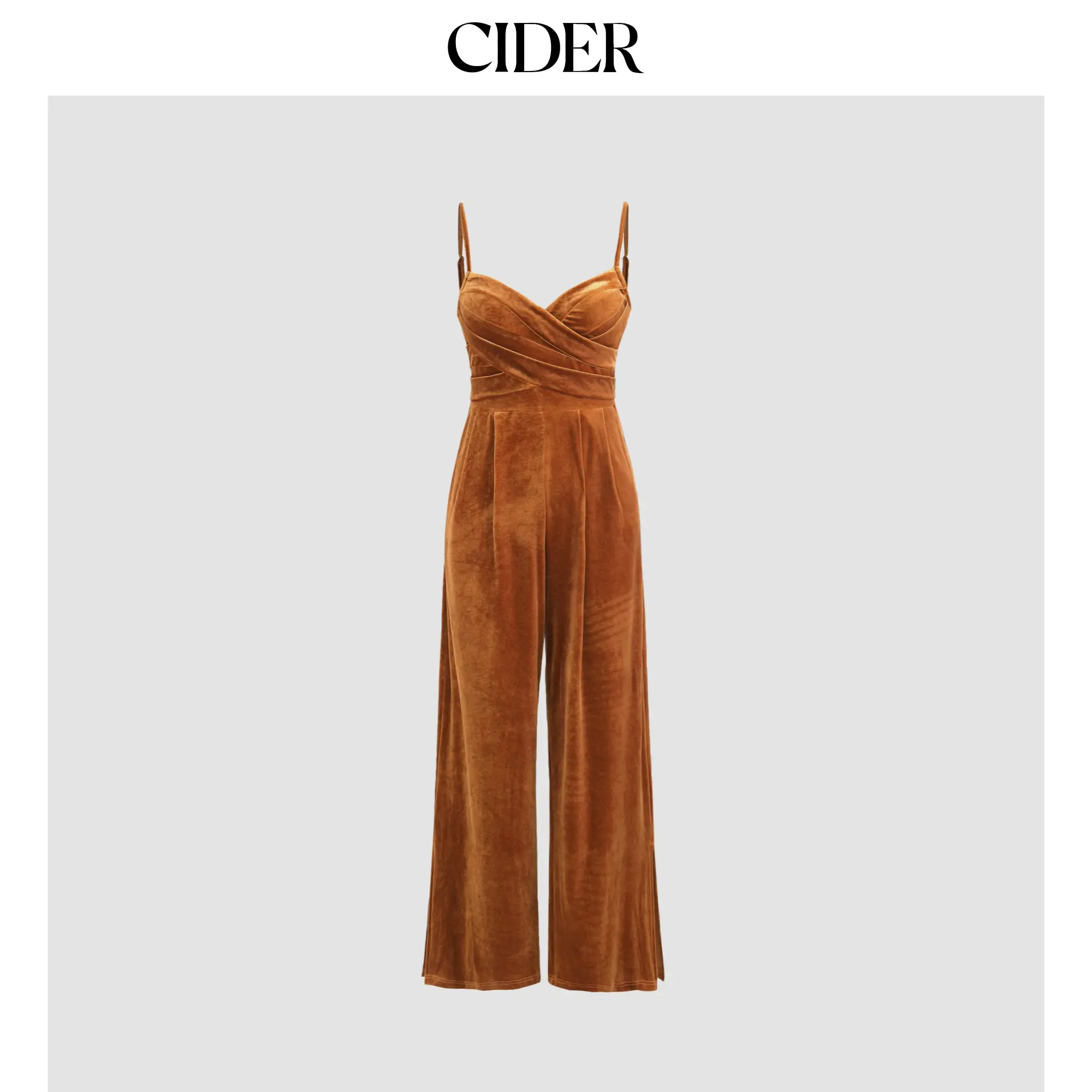 Cider Women's Velvet Spaghetti Strap Jumpsuit, Solid Cross Front with Pull On Closure and Basic Wide-Leg Fit, Overalls, Wide-Leg Pants, Cross Wide Leg