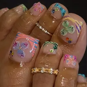 Hand-Painted Style Colorful Flower French Toe Press-On Nails, Dopamine Fresh Short Square False Toenails, Perfect for Vacation & Daily Wear, with Jelly Glue and Nail File Included