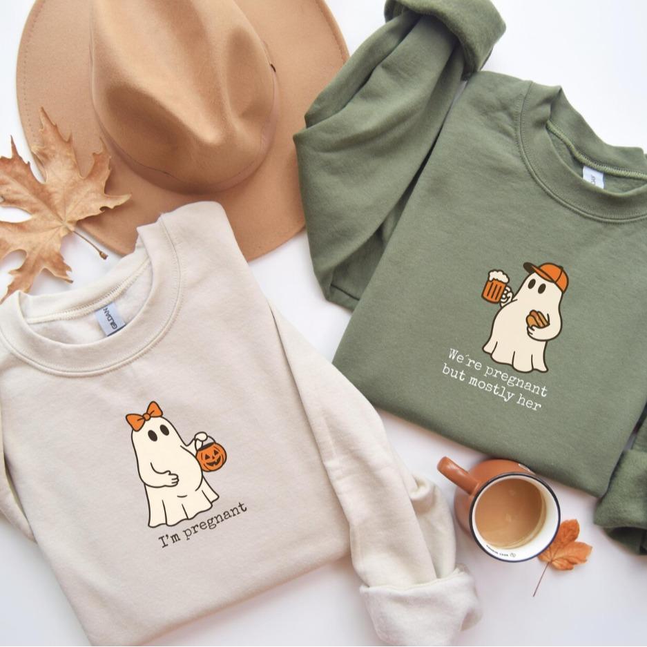 Halloween Maternity Sweatshirt, Funny Couple Pregnancy Announcement Sweater, Pregnant Women Costume, Expecting Mom and Dad Gift, Baby Reveal