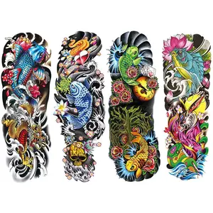 4 Piece Colorful Temporary Tattoo Set, Realistic Skull Koi Fish Fake Sleeve Tattoos, Perfect for Halloween Parties, Watercolor Body Art for Men and Women, Waterproof Temporary Tattoos