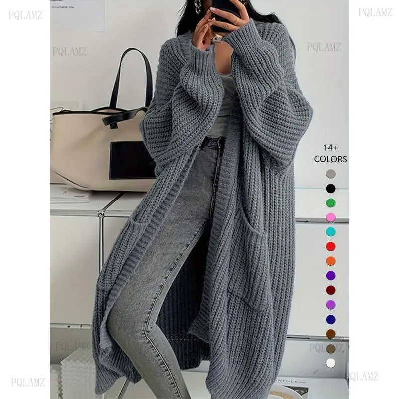 Women's 2025 Oversized Knit Cardigan - Longsleeves, Baggy Fit, Long Length, Collarless Cut, Drop Shoulder, Casual Polyester Double Knit Top, Knitwear, Lady
