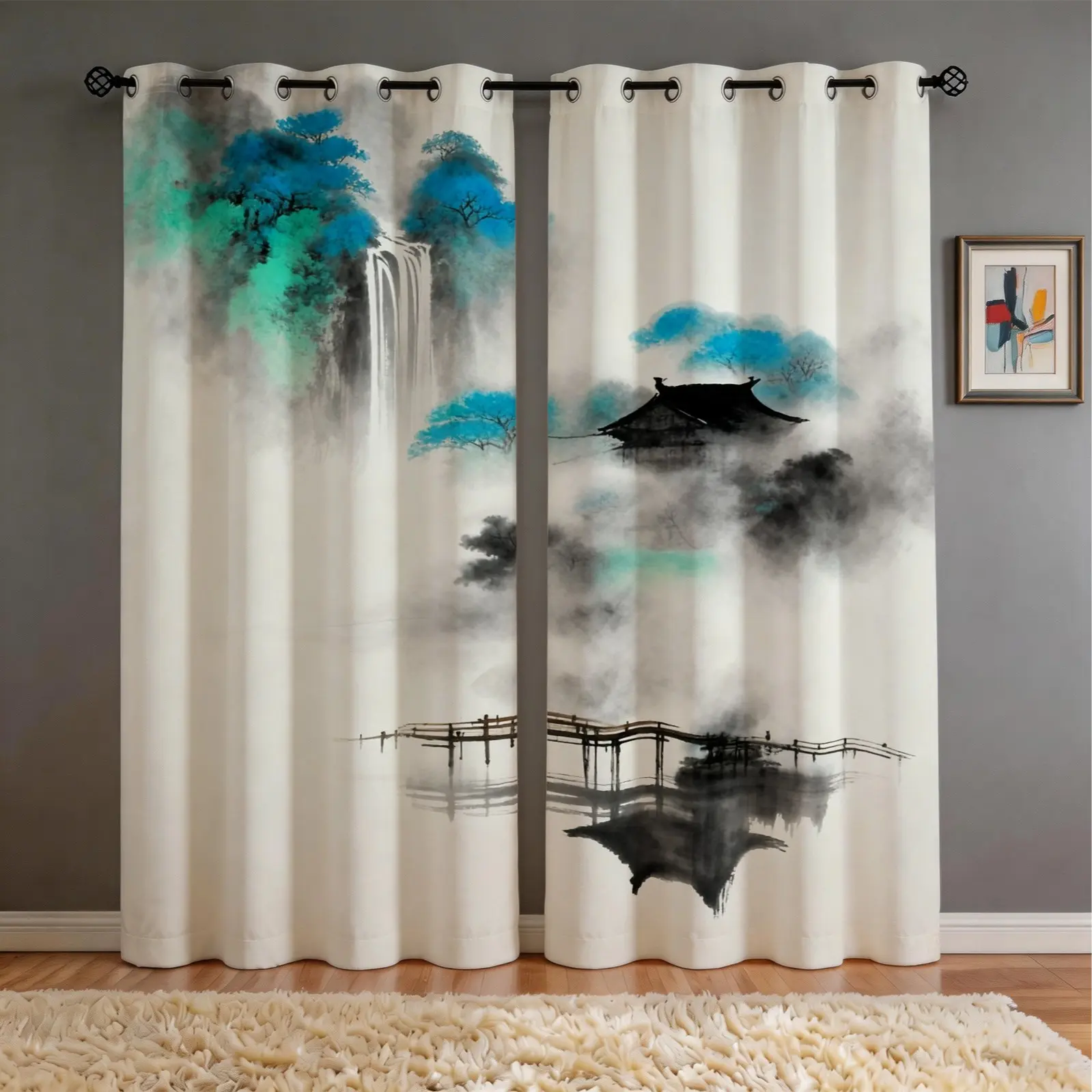 2 Panels Asian Ink Wash Mountain Landscape Printed Decor Curtains, Polyester Fadeless Mountain Scenery Darkening Curtains, 80%-90% Light Blocking, All-Season Decor Curtains for Living Room Bedroom, Ideal for Home Privacy