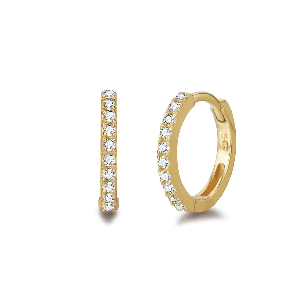 FANCIME 14K Gold Plated 925 Sterling Silver Hoop Earrings Round Cut Cubic Zirconia CZ Simulated Diamond Small/Tiny/Mini/Slim Hinged Cartilage Hoop Earrings Fine Jewelry Birthday Gifts for Women Girls, 13mm