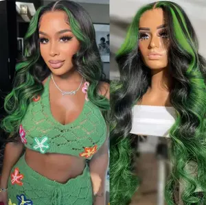 Dark with Green Highlights Wig Curly Hair Pre-Plucked Hairline Heat Resistant Synthetic Hair 28 Inch Free Part for Natural Look