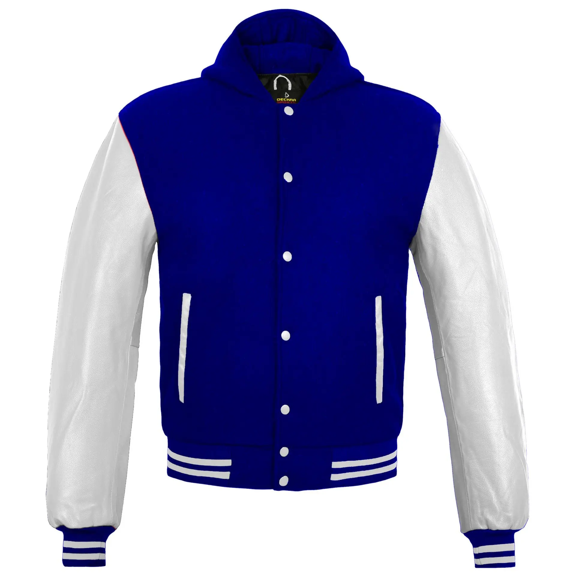 Deckra Men's Varsity Jacket, Chic Handmade Baseball Letterman in Wool & Genuine Leather with Long Sleeves, Long Sleeve, Stylish, Button, Coats, Patches, Sporty Chic