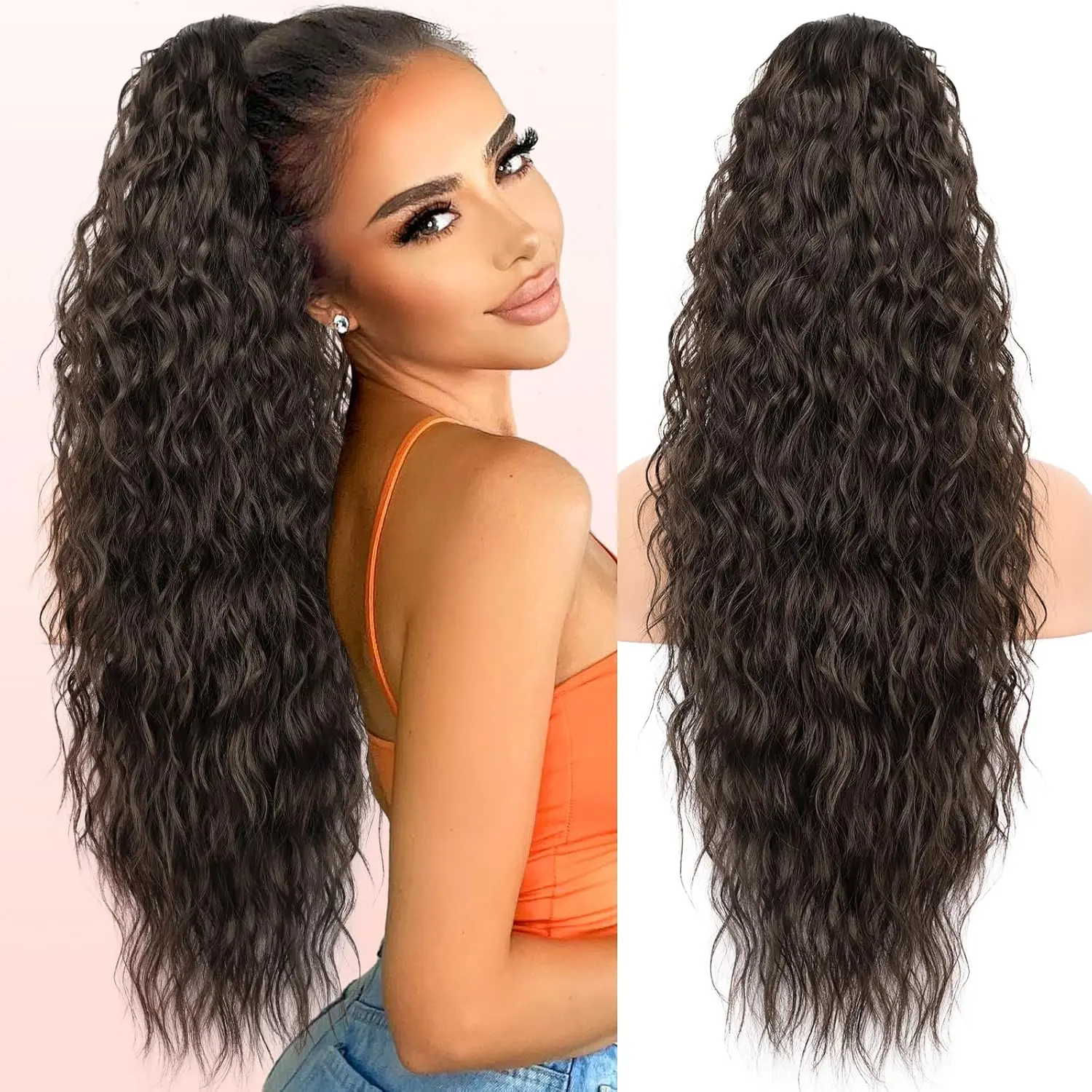 [ Kookastyle ] Ponytail Extension 30 Inch Drawstring Pony Tails Hair Extensions for Women Long Curly Brunette Brown Ponytail Synthetic Hairpieces for Daily UseSummervibes