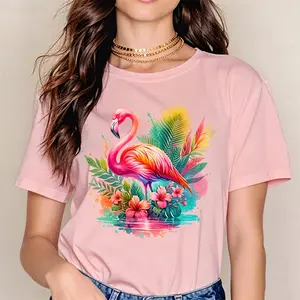 Casual Summer Style Women's T-Shirt Flamingo And Tropical Flowers Design For Beach Vacation And Warm Weather Perfect Gift For Her
