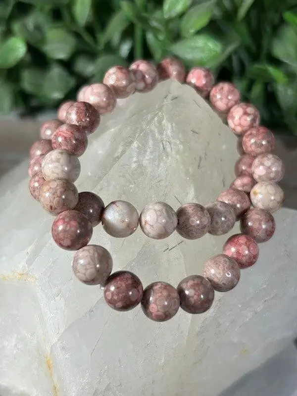 Chrysanthemum Stone Bracelet, 8mm Natural Stone Beads with a Floral Motif on a Stretch Band, Unisex Fit for Root and Sacral Chakra Harmony, Inspirational