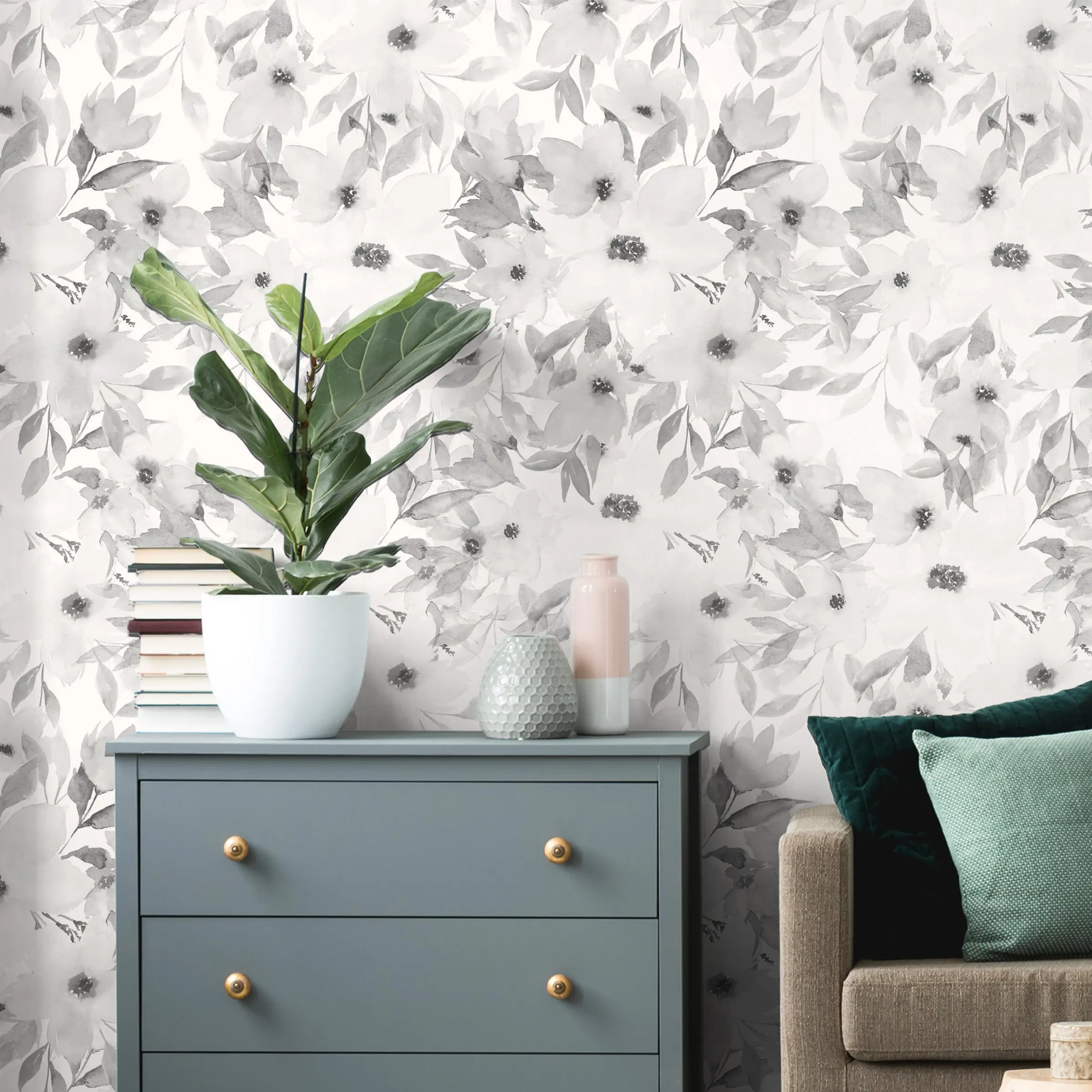 Floral Watercolor Flowers Peel-Stick Vinyl Mural Wallpaper - Renter Friendly, 48" Pattern Repeat, No Residue, Accent Wall Decor Inspo for Home Improvement DIY Room Makeovers