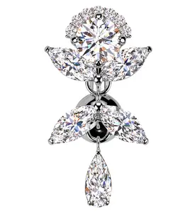 Dancing Flower Clear CZ Dangle Titanium Belly Button Ring