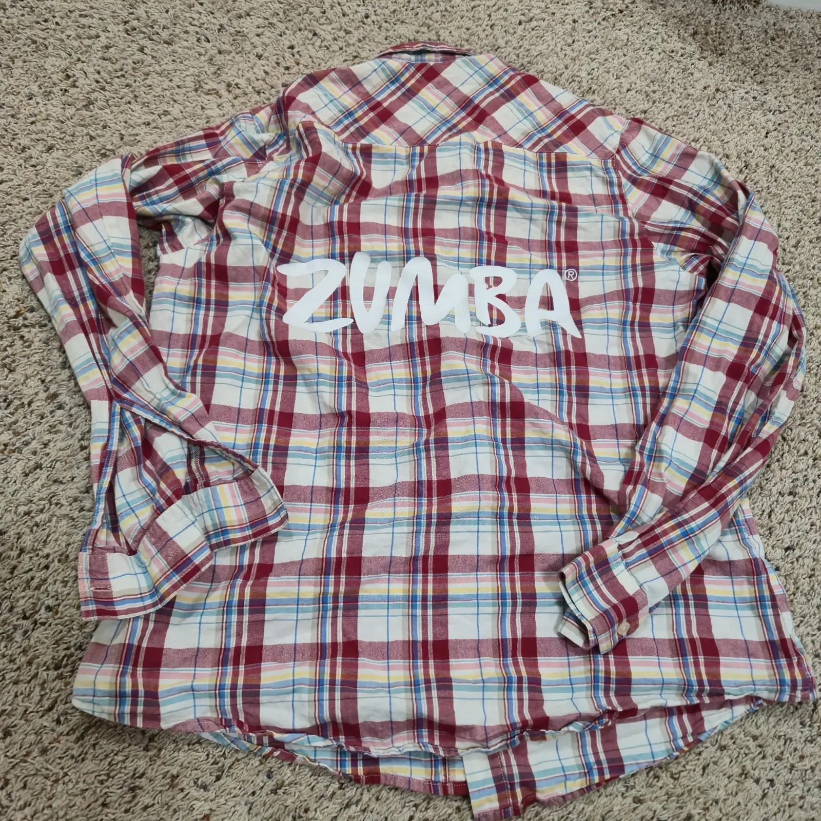Zumba Long Sleeve Button Up Plaid Shirt Womens Medium Red Casual Sports Cotton
