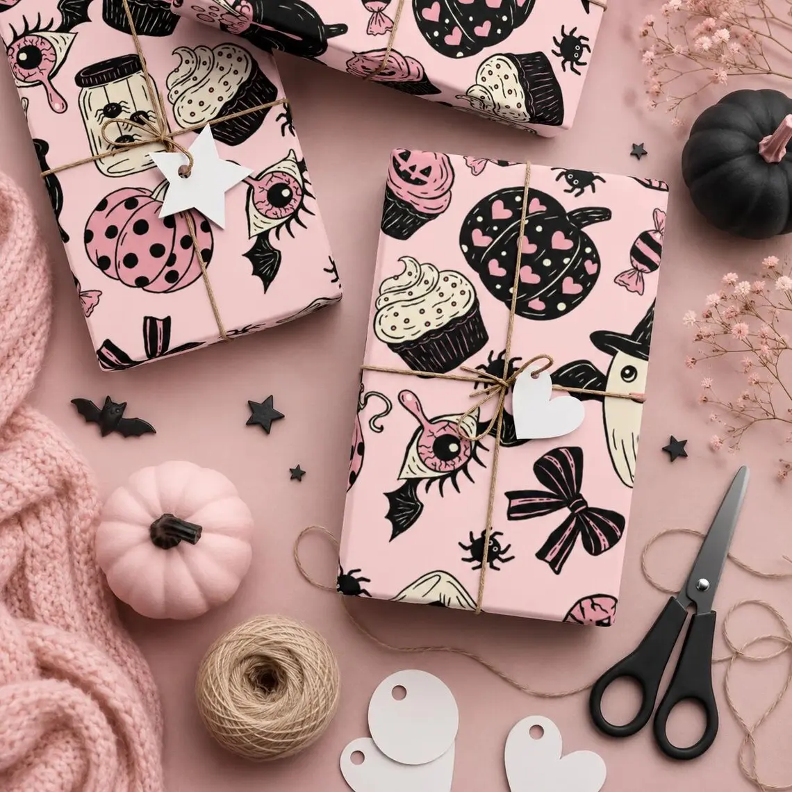 Cute Pastel Halloween Wrapping Paper | Pink Black Girly Gift Wrap Papers Ghost Pumpkin Spider Pumpkins Hearts Candy For Her For Him