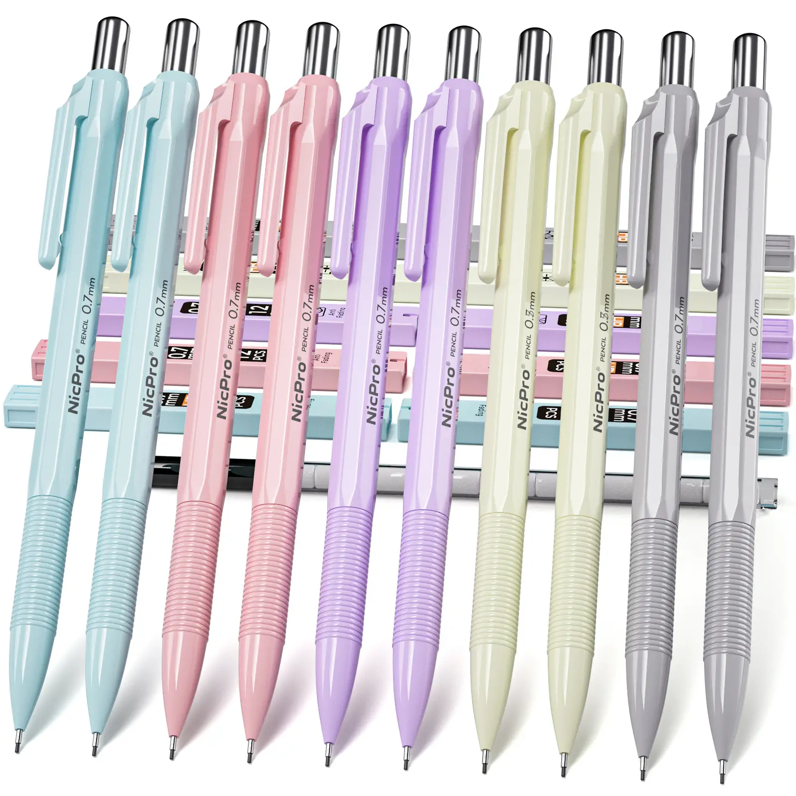 Nicpro 10 Pack 0.7 mm Mechanical Pencil Bulk Set with Case, Cute Candy Pastel Art Drafting Pencils 0.7mm with 10 Tube HB Lead Refills, Eraser for Kid