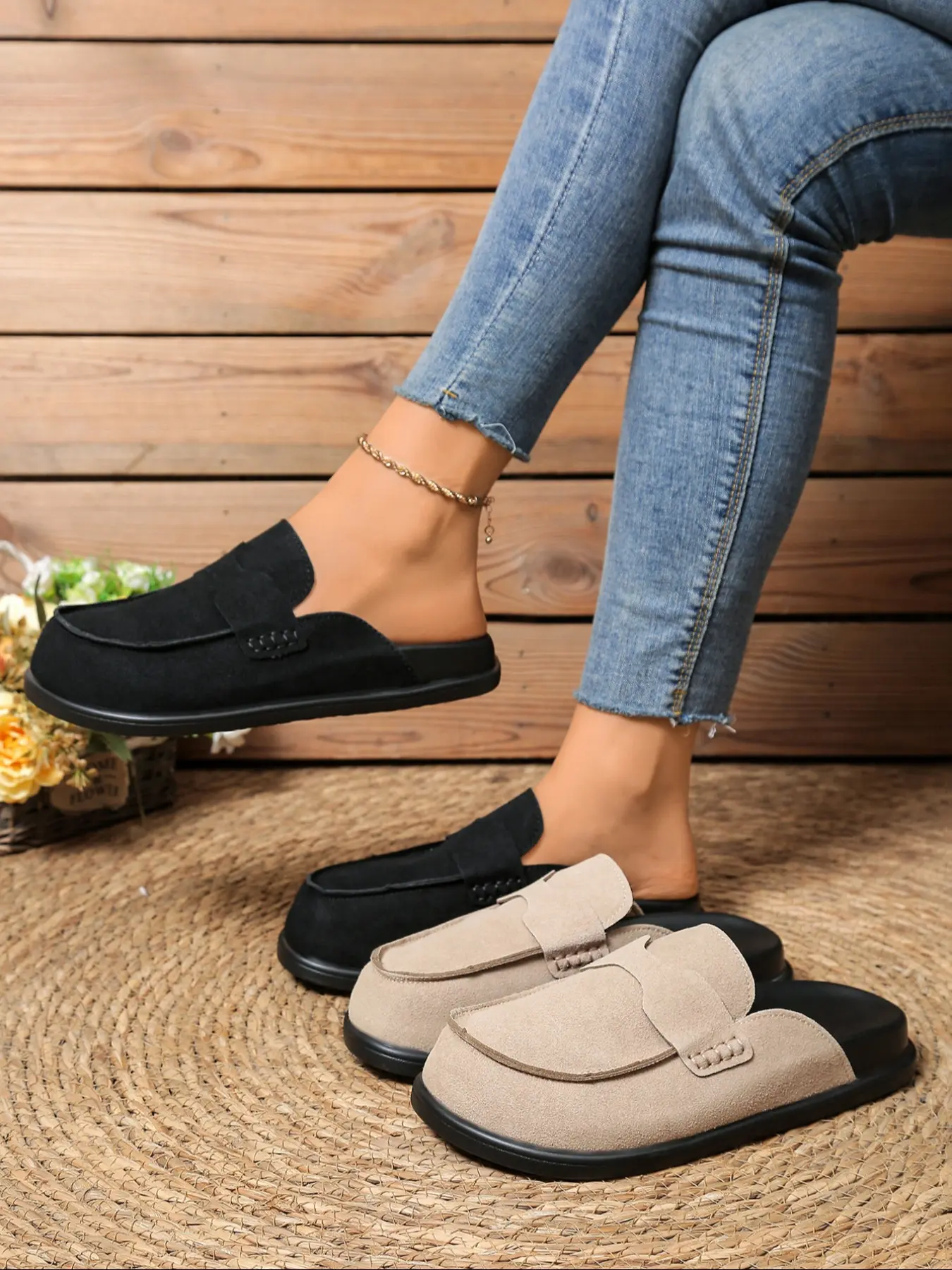New Faux Suede H Buckle Flat Mules Women, Vintage British Style Half Slip Loafers, Comfortable One-Piece Lazy Shoes, Fashion Streetwear, Rubber, Footwear