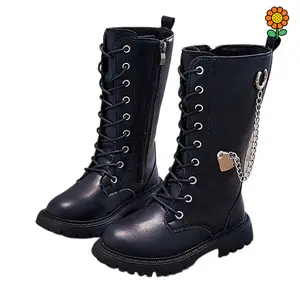 DZP-[British Girls' Boots] Black Diamond Pattern Girls' High Boots|     Stylish British-Inspired, Side Zipper & Chain Decor, Rubber Sole|     Sizes 10.5-5, Perfect for Fall/Winter Princess Look