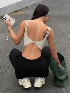 Women's Backless Twist Thin Strap Sports Top, Sharkskin Elastic Tight Fit Gym Wear, All-Season Yoga Tank Bra, Strappy Workout Bra