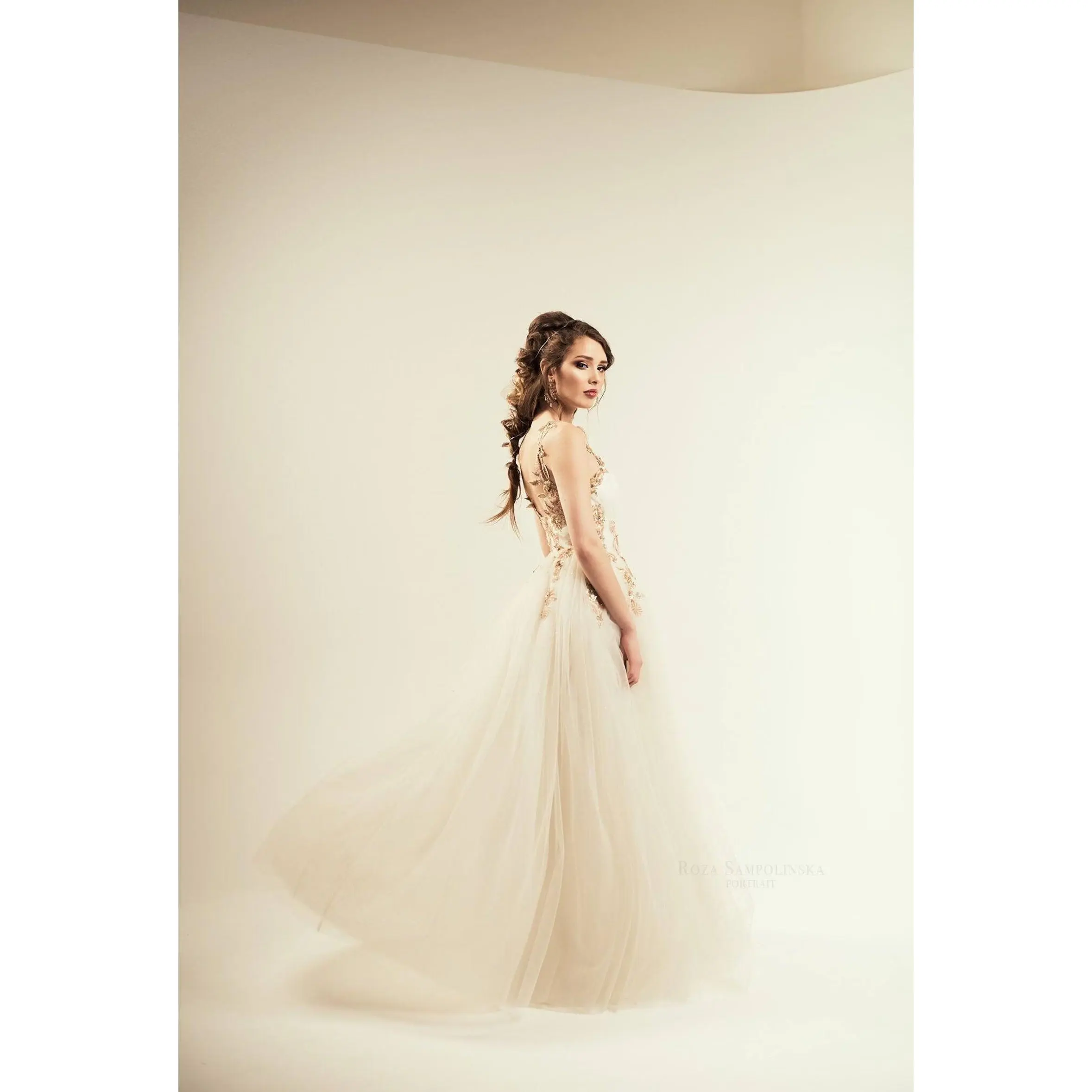 A-Line Wedding Gown in Tulle with No Train, Olivia Sleeveless Style with Beaded Gold and Blush Floral Embroidery, Dress, Crystals, Tulle Fabric, Zip, Made-To-Order, Custom Sizes, Pearl, Rhinestones, Sequins