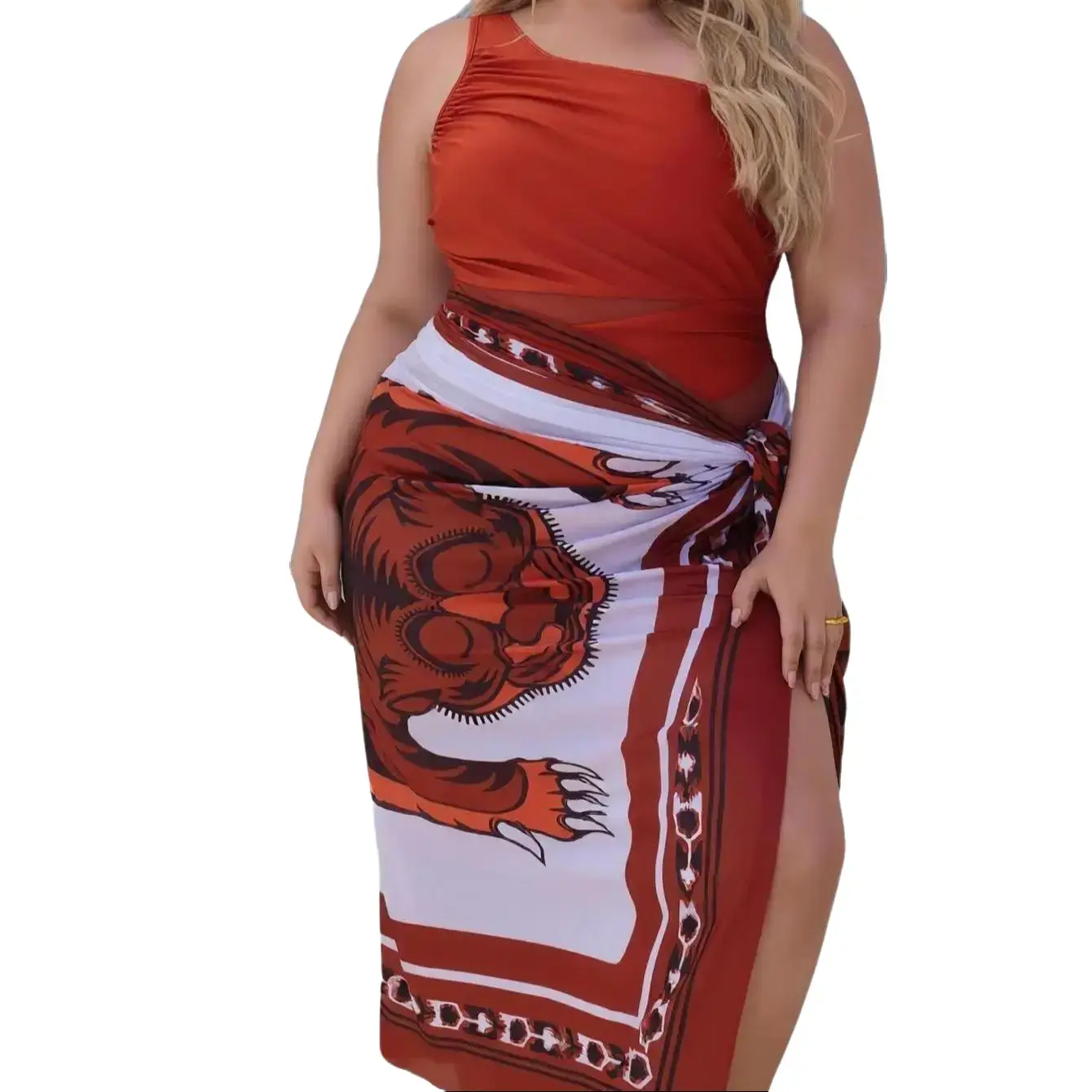 Women's Plus Size 2-Piece Tiger Print Bathing Suit Set - 1-Shoulder, Ruched Mesh Cutout, Tummy-Control Waist, Matching Flowy Cross-Wrap Skirt, Elastic Polyester-Elastane Blend, Machine Washable for 2026 Summer Beach Vacations, 4XL Swimwear Set, Two-Piece