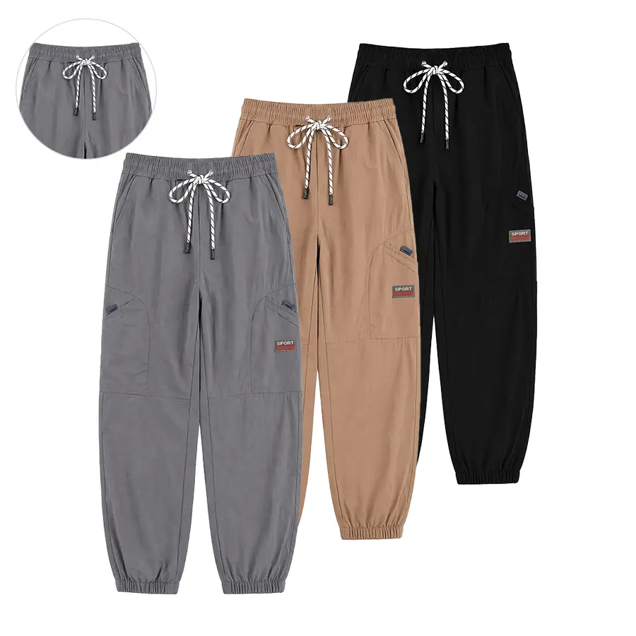 Men’s Polyester Loose-Fit Letter Print Cargo Pants - Elastic Waistband Drawstring, Multi-Pockets Lightweight Casual Outdoor Long Pants