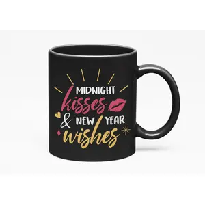 Midnight Kisses & New Year Wishes. Unique Lip Mark Print Christmas, Black 11oz Ceramic Mug