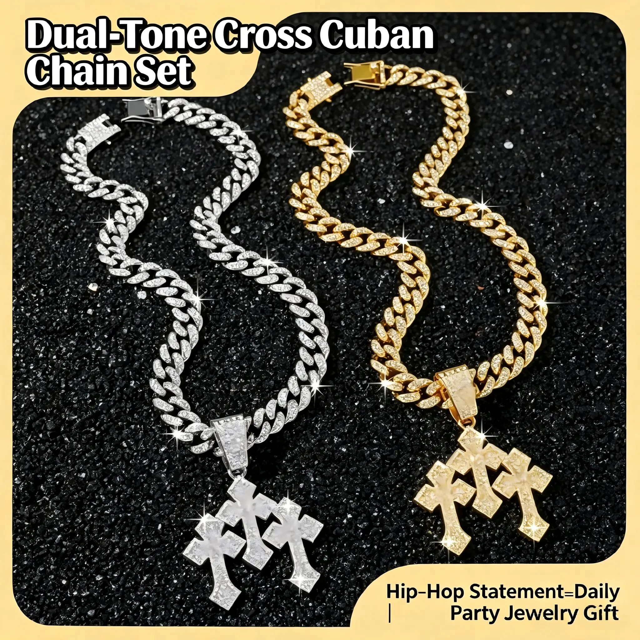 QUEENDO Iced Out Triple Cross Pendant Necklace, Full Sparkly Stone-Encrusted 3-Cross Charm with Miami Cuban Link Chain, Hip Hop Religious Statement Jewelry, Gold & Silver 2-Tone, Adjustable Link Bracelet, Gift for Daily/Party Wear