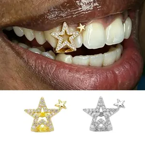 Unisex Vintage Hollow Star Zircon Tooth Caps Hip Hop CZ Stone Grills Jewelry for Braces Wearable Gift