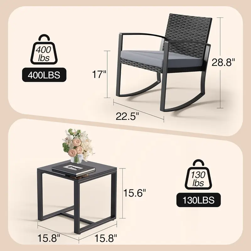GIZOON 3 Pieces Patio Furniture Set Rocking Bistro Set Outdoor Rattan Conversation with Coffee Table for Garden Balcony Backyard Poolside (Grey Cushion) GIZOON 3 Pieces Patio Furniture Set Rocking Bistro Set Outdoor Rattan Conversation with Coffee Table for Garden Balcony Backyard Poolside (Grey Cushion)